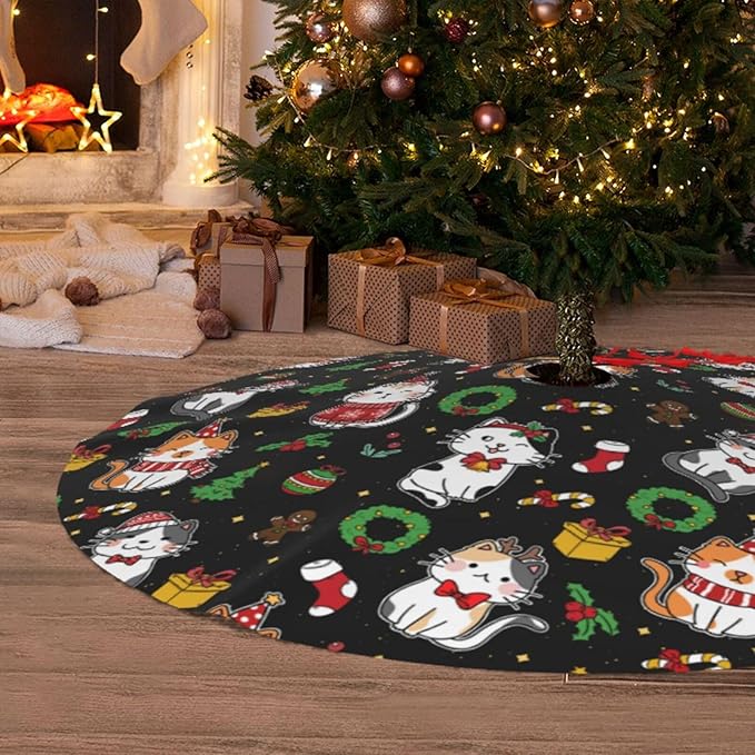 Funny Cats Christmas Tree Skirt, 30 Inch Xmas Tree Mat for Holiday Party Home Decor Indoor Outdoor Use with Adorable Cat Designs 48"