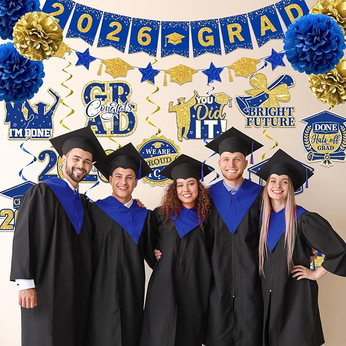 Blue and Gold Graduation Decorations 2026, 2026 Grad Banner and Congrats Grad Hanging Swirls, Blue Graduation Banner Graduations Hanging Swirls College Graduations Party Decorations Class of 2026