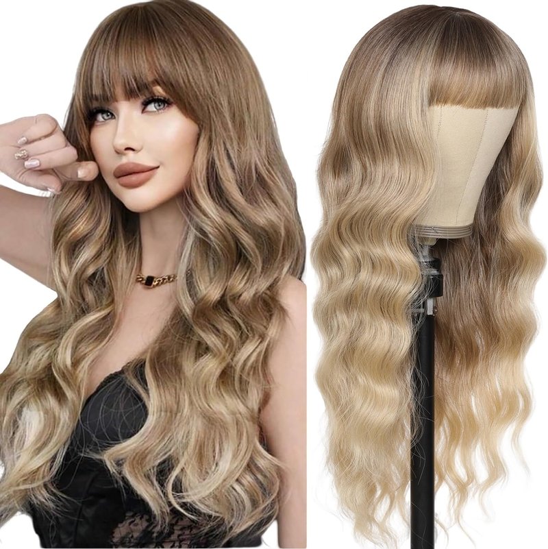 punhurt Blonde Wig with Bangs 26inch Long Synthetic Wig Wavy Curly Ombre Wigs with Dark Root Heat Resistant Fiber Wigs for White Women