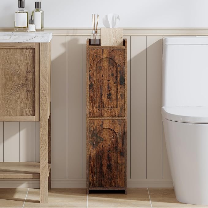 Bathroom Storage Cabinet, Corner Floor Cabinet with 2 Doors and Adjustable Shelf, Narrow Toilet Paper Cabinets, Bathroom Organizer for Small Spaces, 7.9" D x 7.9" W x 29.5" H Rustic Brown