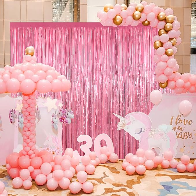 Pink Metallic Tinsel Foil Fringe Curtains, 2 Pack 3.3x8.3 Feet Party Streamer for Birthday Party Decorations, Halloween Decor, Foil Curtain Backdrop for Bachelorette Party