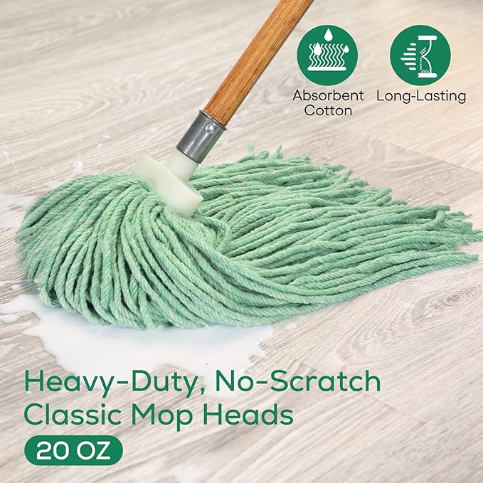 Matthew Cleaning Screw-on Heavy Duty Cotton Wet Mop Replacement Heads(Green, Medium,6 Pack) with 2 Pack Microfiber Cloth for Residential & Commercial Floor Cleaning Use- Fit Standard American Screw