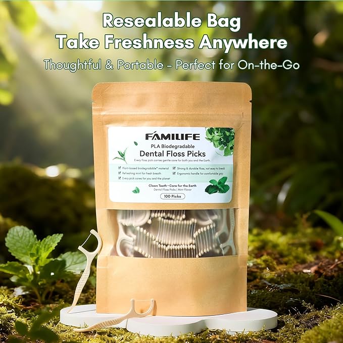 FAMILIFE Eco-Friendly Floss Picks (100Pcs) - Plant Based Dental Floss Picks with Strong Toughness, Natural Tooth Picks Flossers for Adults Daily Oral Cleaning & Gentle Gum Care, Mint Flavor