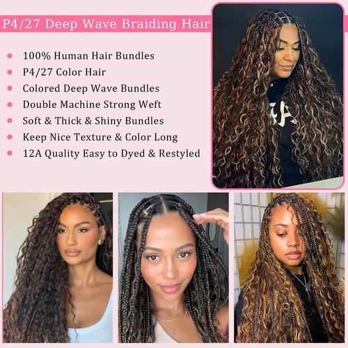 Habiliana Human Braiding Hair 2 Bundles Total 100g 22 Inch Deep Wave P4/27 Bulk Human Hair Bundles Braiding Brazilian Virgin Curly Human Hair Extensions for Boho Braids