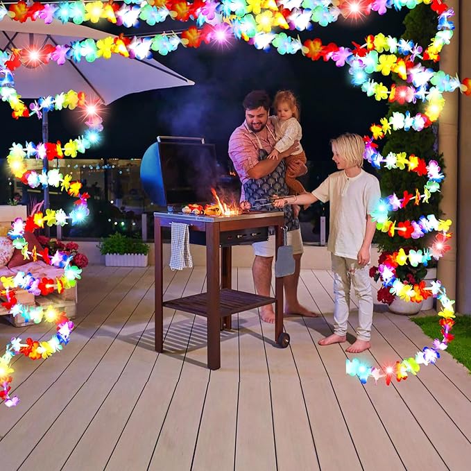 35.43ft Light up Hawaiian Flower Lei Garland Tropical Hawaiian Garland LED Lighted Luau Party Flower Banner for Luau Summer Beach Party Decorations