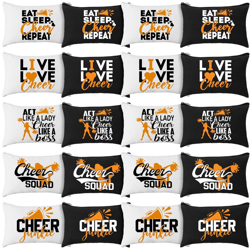 Pinkunn 20 Pcs Cheer Makeup Bags Bulk Cheer Team Gifts for Women Canvas Makeup Case Cheerleader Teams Gifts Zipper Cosmetic Pouch for Cheerleading Party Favors Supplies(Orange)