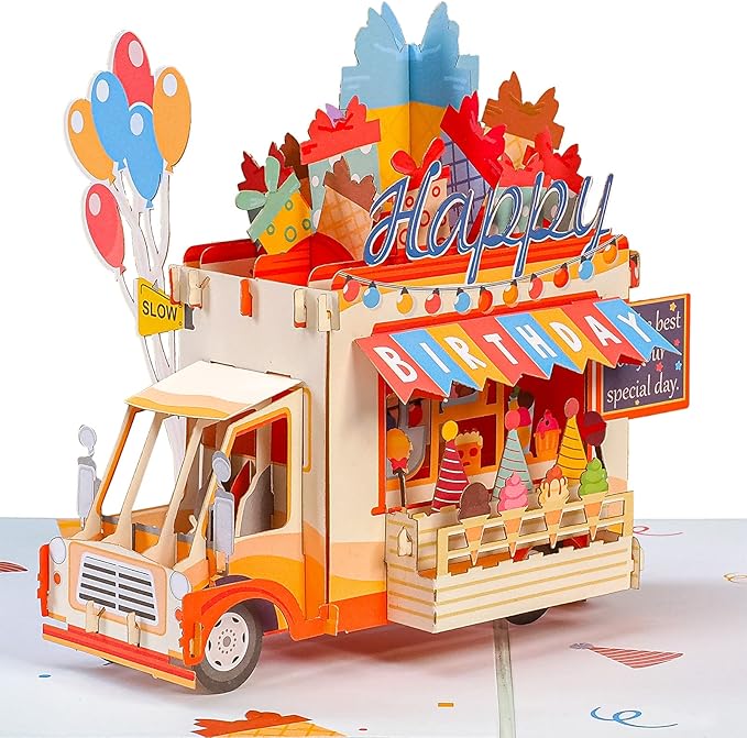 Paper Love Happy Birthday Card, 3D Ice Cream Truck Pop Up Birthday Card, For Boys and Kids - 5"x7" Cover - Includes Envelope and Note Tag