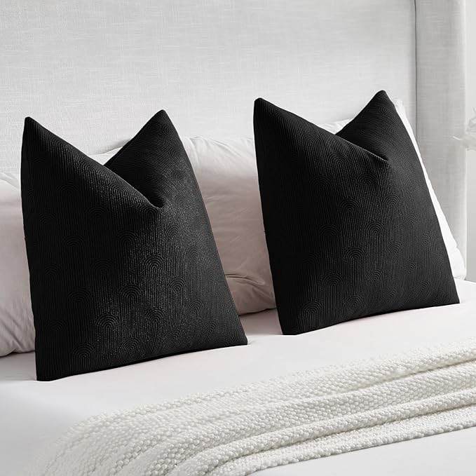 FUTEI Black Chenille Decorative Throw Pillow Covers 22x22 Inch Set of 2,Soft Cozy Striped Geometric Patterns Cushion Cases,Modern Home Decor for Couch Bed Living Room