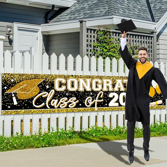 Large Congrats Grad Banner Gold Class of 2026 Banner Backdrop Graduation 2026 Yard Sign for Graduation Party Supplies Graduation Decorations 2026 (Gold)