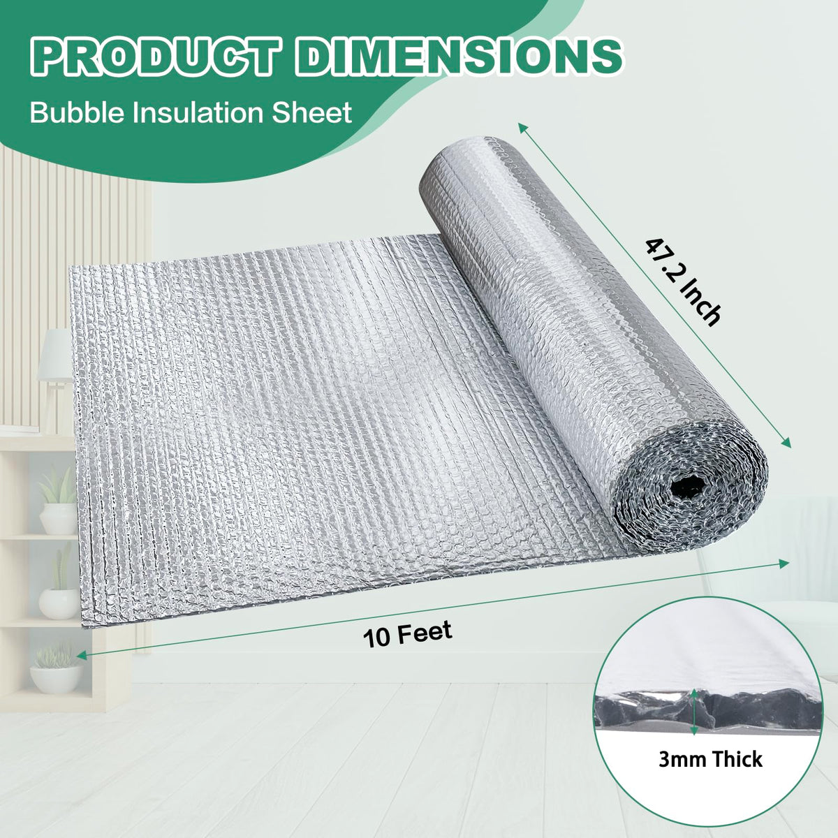 Reflective Bubble Insulation Sheet, Double Side Aluminum Foil Bubble Shield, Aluminum Foil Thermal Insulation Radiant Barrier for Windows, RV, Roof, Garage Door (47IN X 10FT)