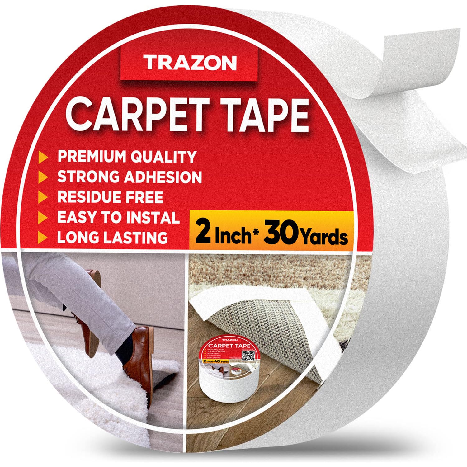 Trazon Carpet Tape Double Sided - Rug Tape Grippers for Hardwood Floors and Area Rugs - Carpet Binding Tape Strong Adhesive and Removable, Heavy Duty Stickers Tape, Residue Free (2 Inch / 30 Yards)