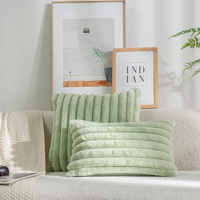 DEELAND Pack of 2,Double-Sided Faux Fur Plush Decorative Throw Pillow Covers Fuzzy Striped Soft Pillowcase Cushion Covers for Sofa Couch Bedroom Green 22x22 inch