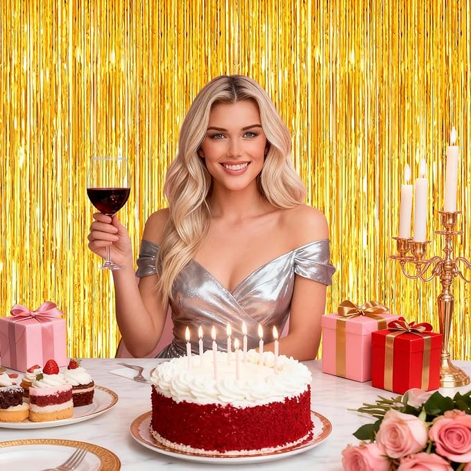 2Pack Gold Tinsel Backdrop, Birthday Decorations Foil Curtain Backdrop Gold Streamers Dance Party Door Decorations Photo Booth Props for Bachelorette Graduation Decorations Xas Halloween New Years Eve