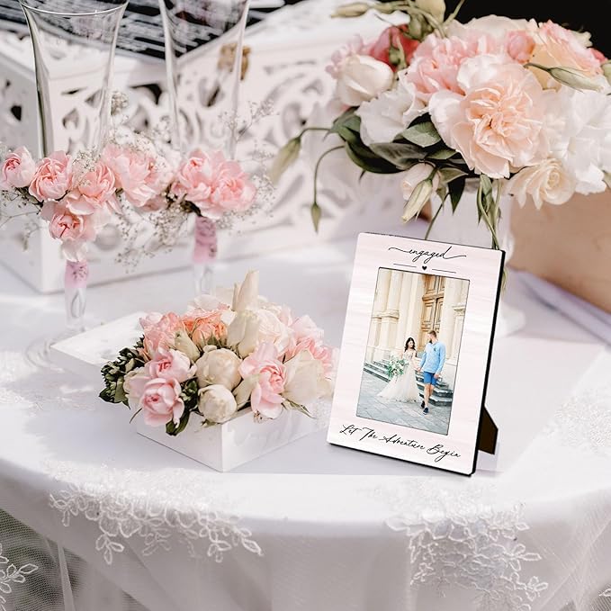 Engagement 4x6 Picture Frame, Let the Adventure Begin Engagement Photo Frames, Wedding Gifts for Newlyweds Couples Wife Husband, Just Engaged Picture Photo Frames for Desk Decor
