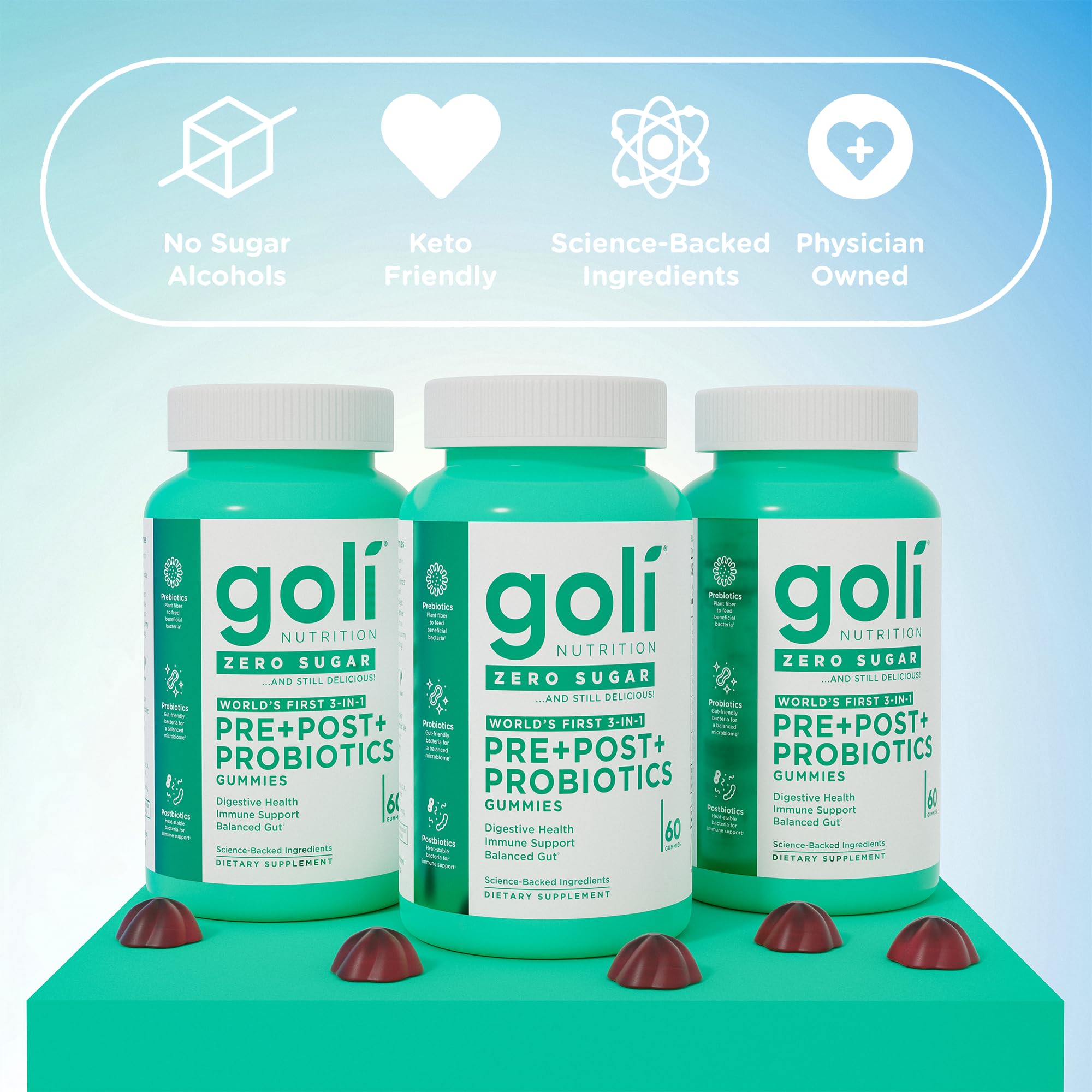 Goli Zero Sugar Pre Pro Postbiotic Gummies - (5 Pack, 300 Total) Worlds First 3-in-1 with DE111, XOS, MCC1849 - No Sugar Alcohols - Vegan, Keto-Friendly, Non-GMO