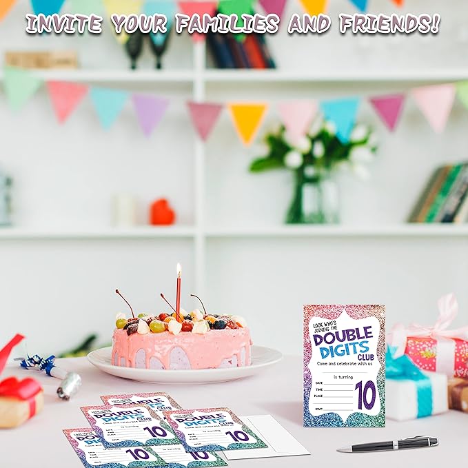 10th Birthday Party Invitations, 20-Count Fill-in Style Birthday Party Invites With Envelopes-HBYQK-B34