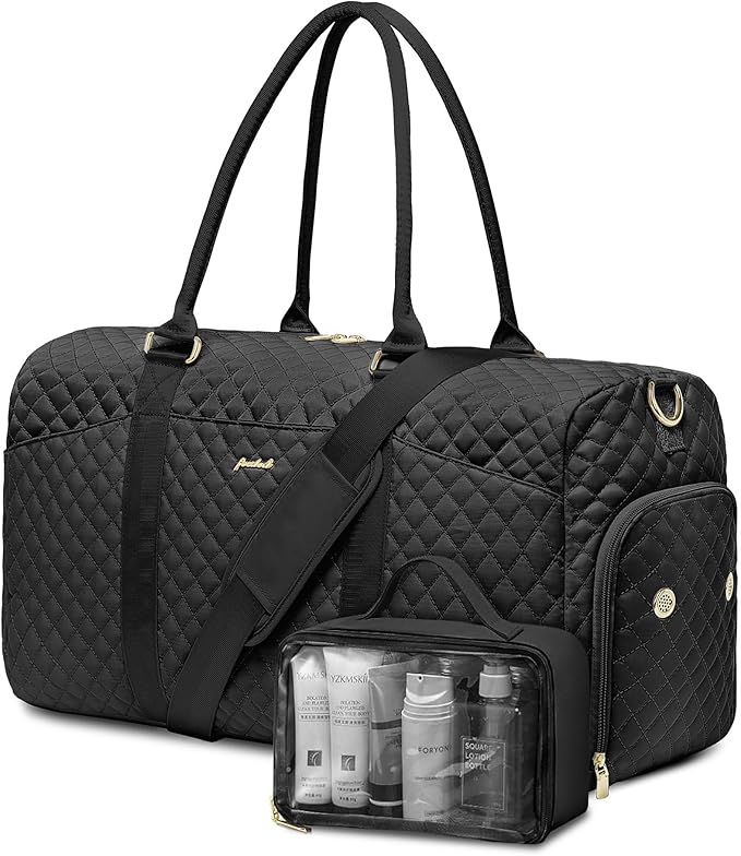 Women Weekender Travel Duffle Bag: Travel Duffel Overnight Bags with Shoe Compartment Large Carry on Tote with Toiletry Bag Weekend Traveling Yoga Gym Hospital Bag for Women with Wet Pocket Black