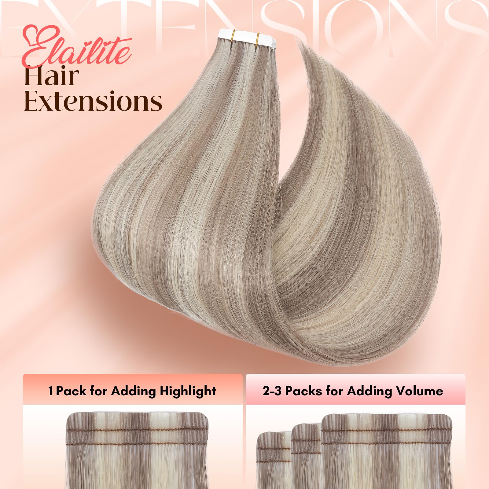 Elailite Tape in Hair Extensions Human Hair Thick Real Remy Hairpieces Ash Blonde & Bleach Blonde 14 Inch 40g 20pcs Straight Invisible Seamless Skin Weft Best Tape for Women