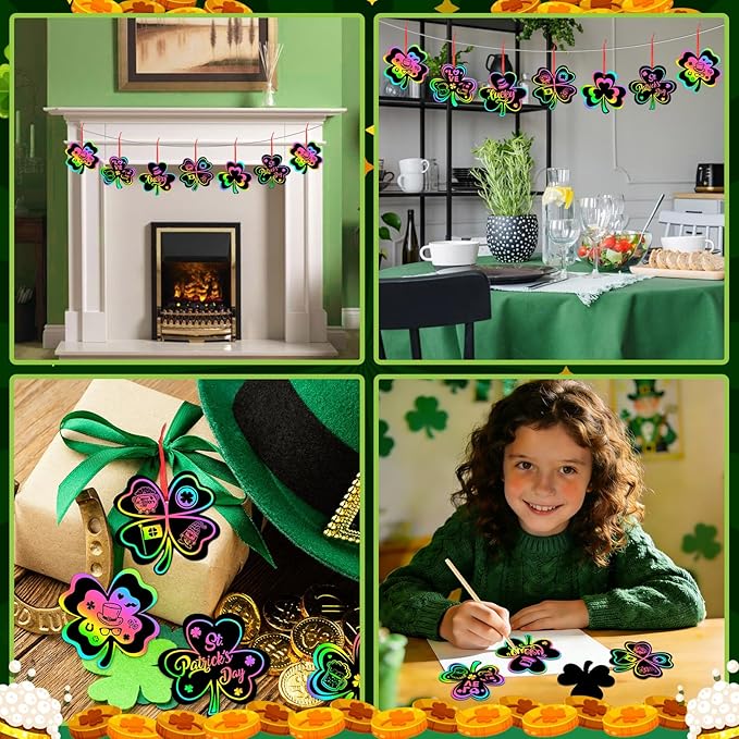 JULMELON 36 PCS St. Patrick’s Day Shamrocks Scratch Crafts Bulk Rainbow Magic Scratch Art for Kids DIY Handmade Saint Patrick’s Day Crafts for Kids St Patricks Day Classroom Party Favors Gift Tag
