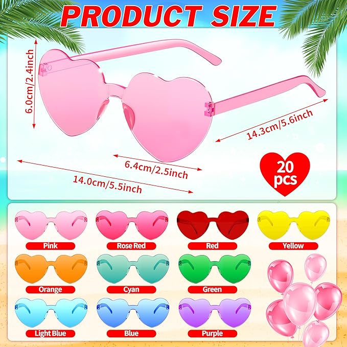 2/4/8/12/20 Pairs Heart Shaped Sunglasses Transparent Heart Glasses Rimless Trendy Eyewear for Valentines Party Favor