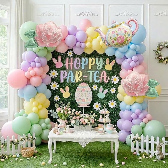 Green and Pink Balloon Garland 138Pcs Pastel Green Pink and Purple Balloons Arch Kit with Teapot Foil Balloon for Spring Tea Party Lets Partea Baby Shower Happy Easter Birthday Party Decorations