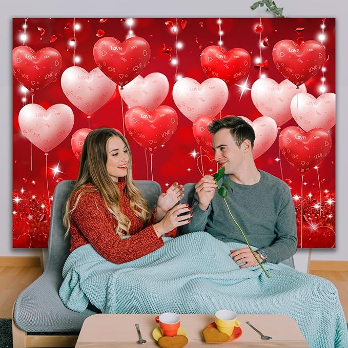 Red Hearts Balloons Anniversary Backdrop Banner 7x5ft Romantic Love Theme Photo Background For Anniversary Engagement Wedding Bridal Shower Couples Date Night Party Decorations Photo Booth (82x59inch)