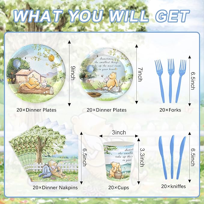 120PCS Winnie Baby Shower Party Supplies Babyshower 1st Party Decorations for Kids Girls Birthday Neutral Classic Bear Tableware Set Include Plates,Napkin,Cups,for 20 Guests