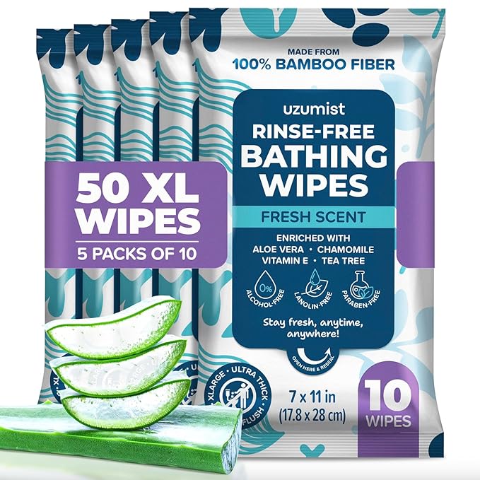 Body Wipes For Adults Bathing No Rinse 50pc XL - Ultra Thick Shower Travel Wipes For Personal Cleansing & Hygiene Essentials, Elderly Care, Incontinence Disposable Washcloths For Women Men