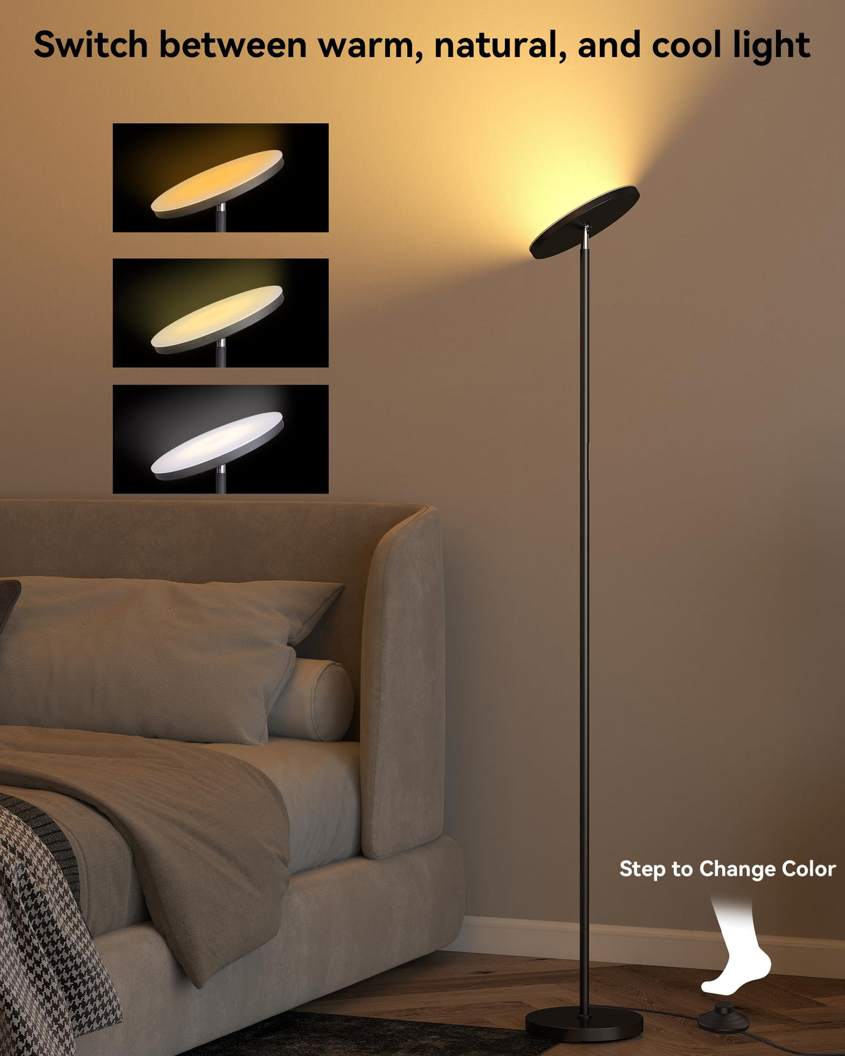 JOOFO LED Floor Lamp – Super Bright Torchiere with Remote & Foot Switch, Stepless Dimmable Tall Standing Lamp, 69" Modern Pole Light for Corner, Living Room, Bedroom, Reading, Office