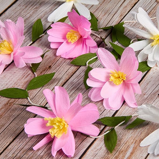 2PCS Paper Flower Garland, Paper Leaves Banner Vine Flowers with Green Leaves Crepe Flower Garland Decorations for Wall Anniversary Wedding Birthday Arch Decor-Pink