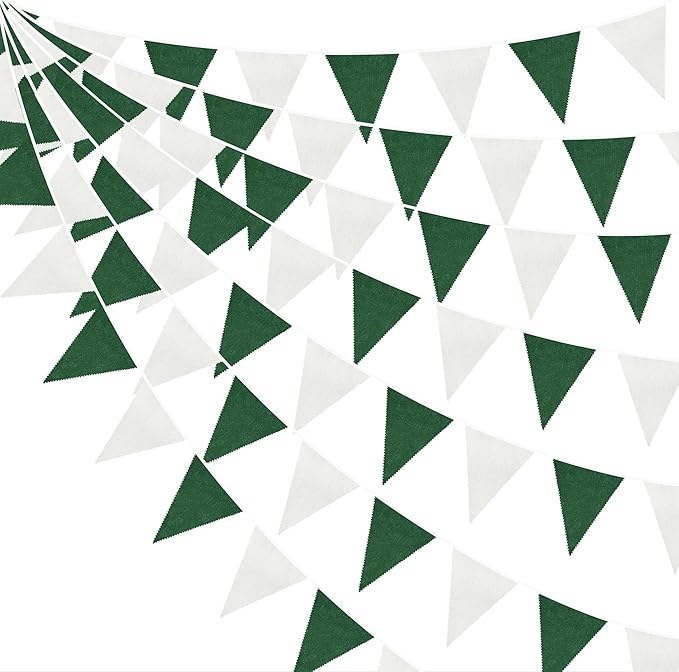 46Ft Green White Party Decorations Dark Green White Burlap Banner Triangle Pennant Flag Linen Garland Streamers for Master Golf Birthday Baby Shower Rustic Camping Jungle Golf Party Decorations