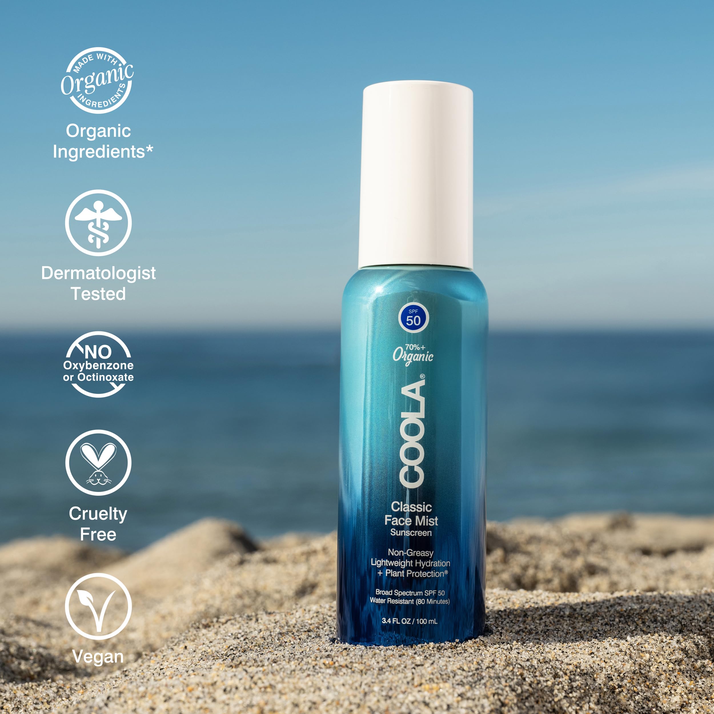 COOLA Organic Sunscreen SPF 50 Sunblock Face Mist, Dermatologist Tested Skin Care for Daily Protection, Vegan and Gluten Free, Natural Fragrance, 3.4 Fl Oz