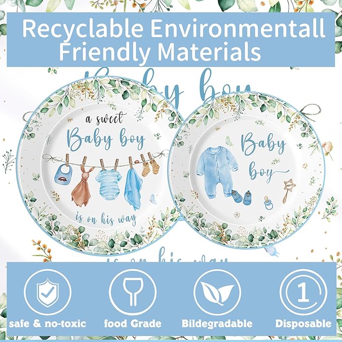 140pcs Boy Baby Shower Decorations Plates Shower Party Tableware with Plates, Napkin, Forks, Cups for Birthday Party Supplies Set Serves 20 Guests (Blue)