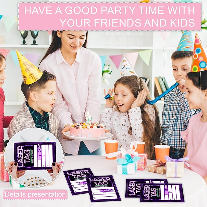 Laser Tag Birthday Party Invitations, Glow Neon Theme Invite Cards, 20 Count with Envelopes for Boys Girls Teen, 4 x 6 Double Sided Printed Fill In Blank Party Supplies- Purple