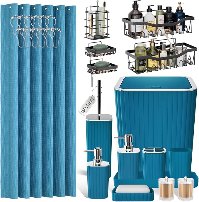 Bathroom Set - 28PC Gorgeous Teal Bathroom Set with Shower Curtain, Bathroom Accessory Set, Bathroom Sets with Shower Caddy
