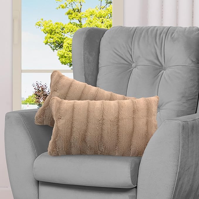 Cheer Collection Faux Fur Throw Pillows - Decorative Pillows for Couch, Bed Throw Pillows, Sand Accent Pillows for Bedroom or Living Room Aesthetic, Set of 2 Furry Throw Pillows, 12" x 20"