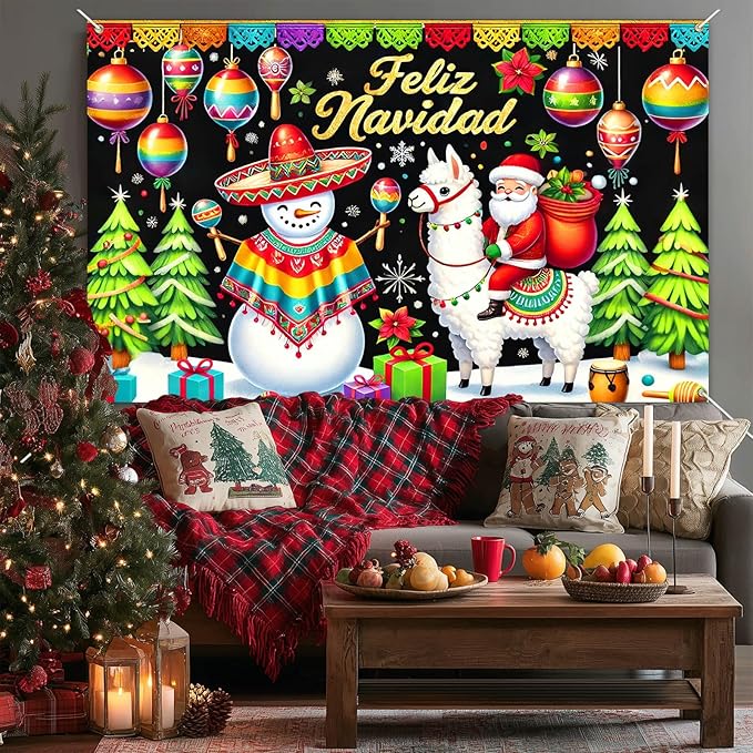 Merry Christmas Banner Winter Feliz Navidad Banner Mexican Christmas Backdrop Snowman Santa Llama Maracas Tree Ornament Scene 71x43 inch for Holiday Party Wall Decor