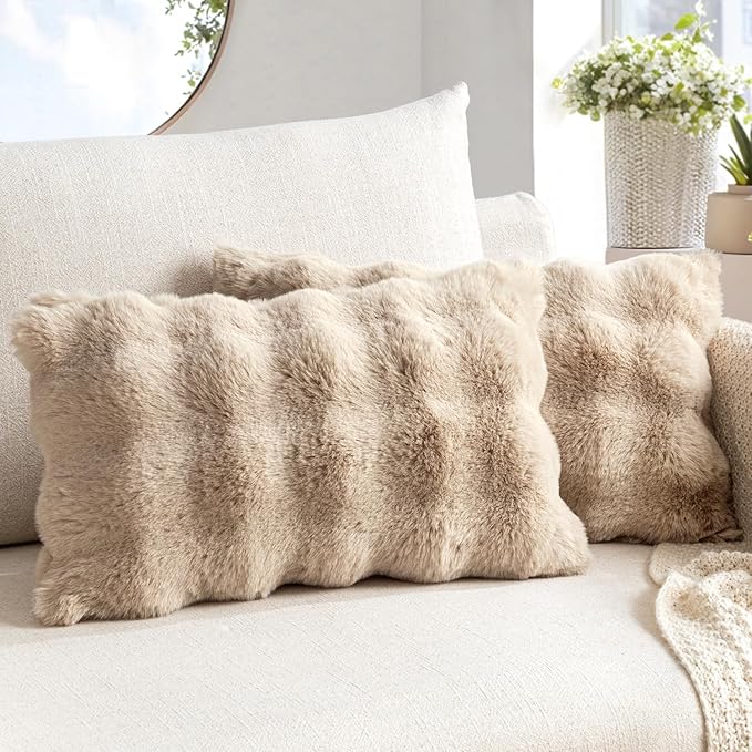 MIULEE Faux Fur Pillow Covers Thick Soft Plush Lumbar Throw Pillows Luxury Home Decor for Couch Bed Bedroom Living Room Sofa,12x20 Inch Pack of 2 Khaki