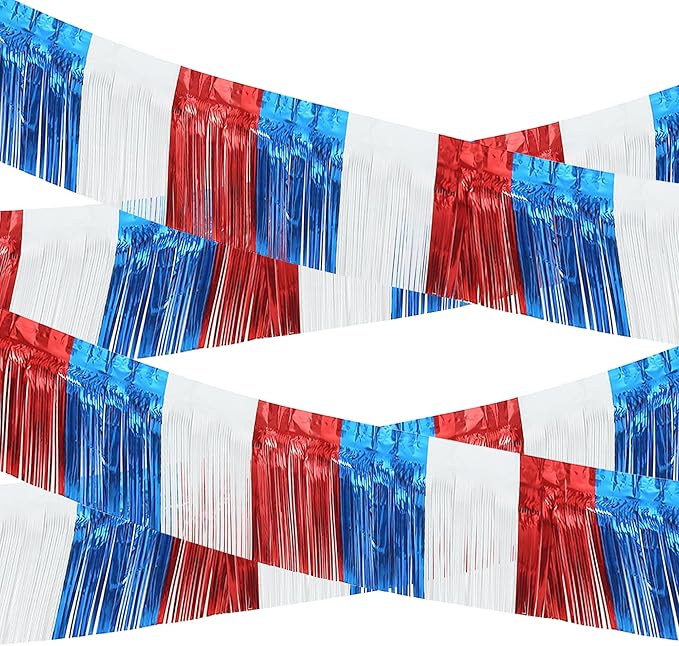 4 Pack 10 Feet Foil Fringe Garland Metallic Tinsel Streamers Banner Wall Hanging Fringe Backdrop Banner for Parade Floats Wedding Birthday Party Decoration (Royal Blue Red White)