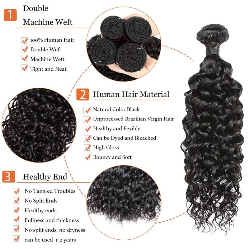 Water Wave Human Hair Bundles 12A Double Weft Deep Curly Wave Bundles 100% Unprocessed Brazilian Virgin Human Hair Natural Black Color Wet And Wavy Hair Extensions 20inch