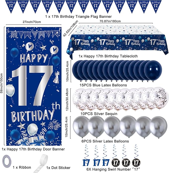 17th Birthday Decorations for Boys Girls, Blue Silver Happy 17th Birthday Party Decorations Supplies - 17th Birthday Backdrop Banner Tablecloth Triangle Flag Balloons for 17 Year Old Boy Party Decor