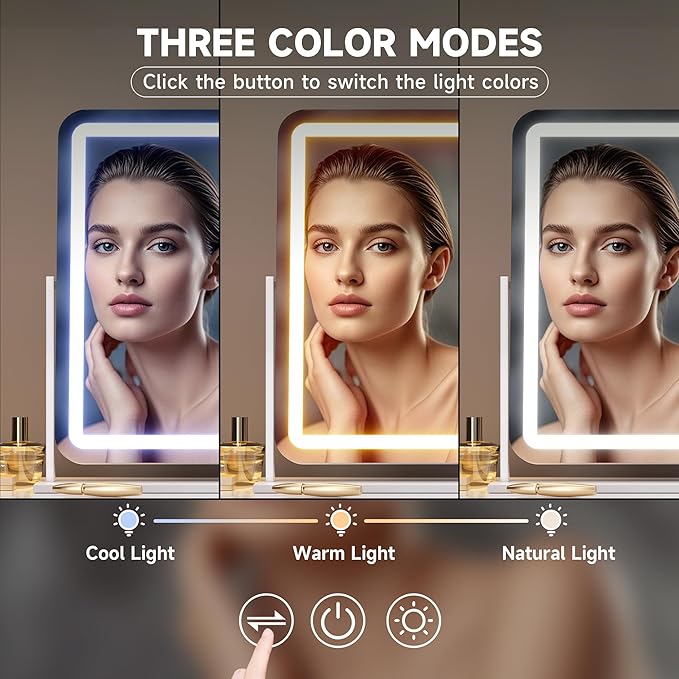 Hasipu Vanity Mirror with Lights, 22" x 18" LED Makeup Mirror, Light up Mirror with Smart Touch 3 Colors Dimmable, Brightness Adjustment, 360° Rotation (White)