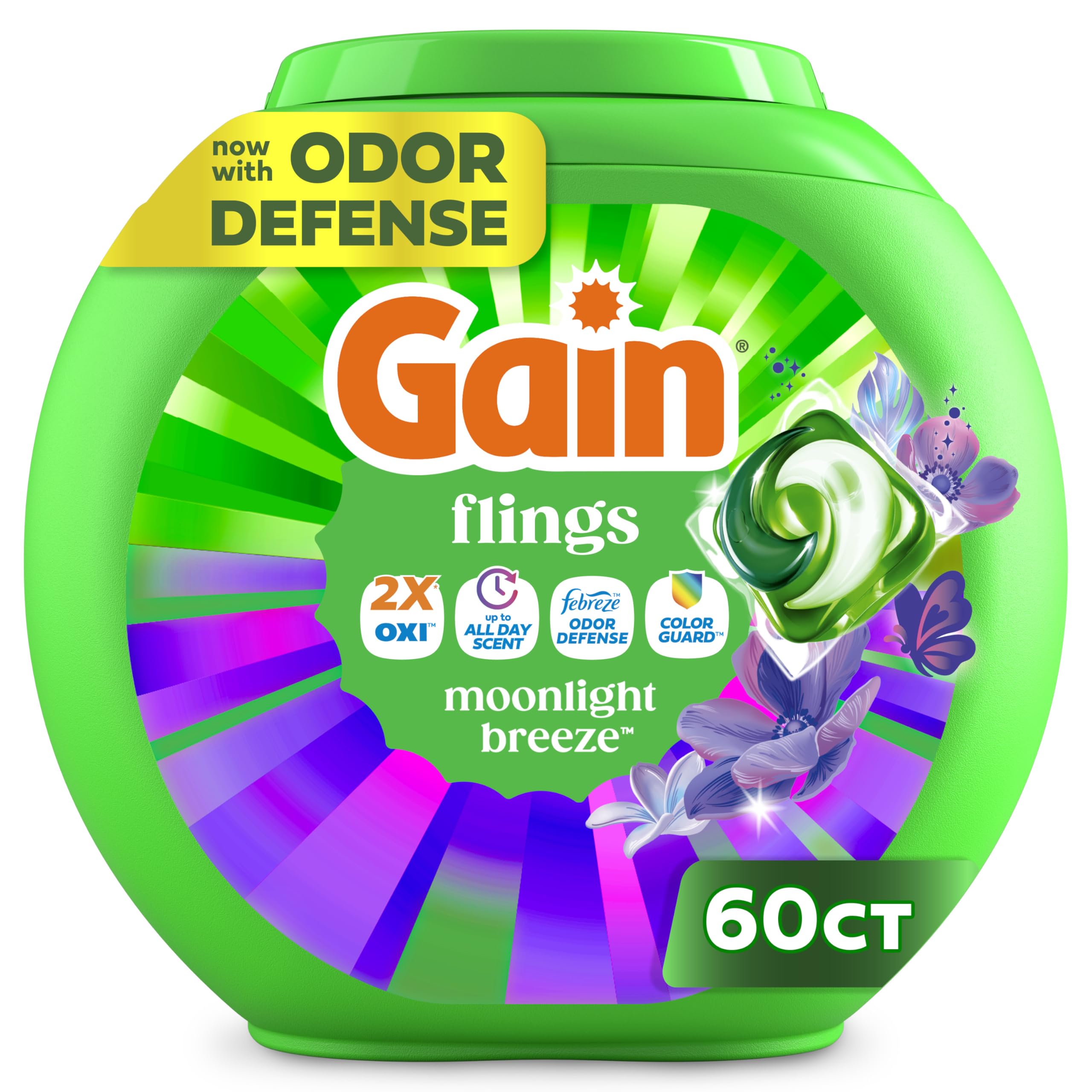 Gain Flings Liquid Washing Detergent Pacs with Odor Defense + Color Guard, Moonlight Breeze Scent, 4-In-1 Liquid Laundry Detergent Pods, Clean & Fresh, 60 Count (Packaging May Vary)