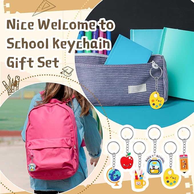 24 Set 100th Day of School Gifts for Student First Day of School Keychain Gift Set with Tags Organza Bags for Valentine Classroom Reward Gifts Schools Party Goodie Bag Stuffers