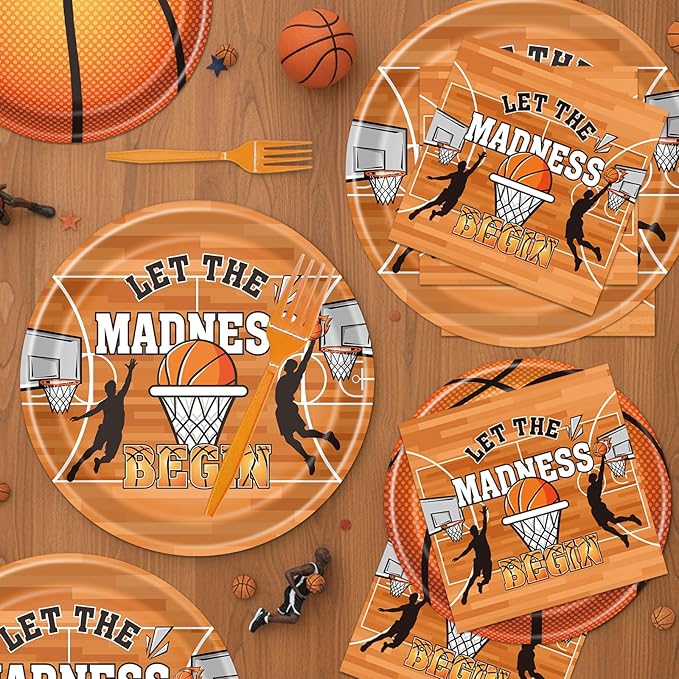 Rakuto March Basketball Party Decorations, 96PCS Let the Madnes Begin Disposable Paper Plates Napkins and Forks Party Decoration, Madnes Sports Theme Birthday Decor for Kids Boys Supplies Serve 24