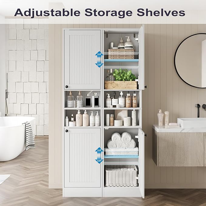 Farmhouse Bathroom Cabinet with 2 Doors, 67" Tall Slim Freestanding Cabinet, Narrow Floor Storage Unit with Open Shelf and Adjustable Shelves for Bathroom, Living Room, Kitchen, White