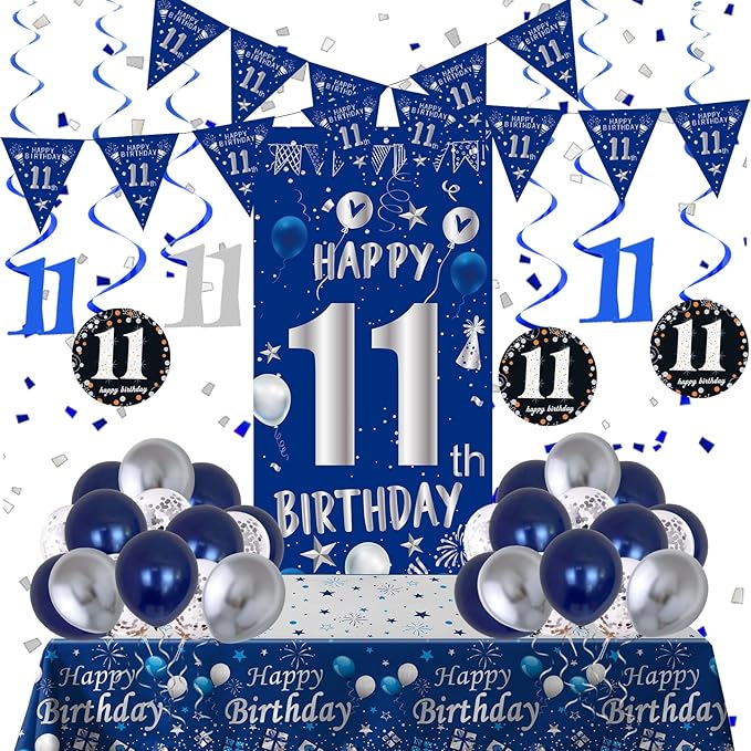 11th Birthday Decorations for Boys Girls, Blue Silver Happy 11th Birthday Decorations Set with 11th Birthday Backdrop Banner Tablecloth Balloons Triangle Flag, 11 Year Old Boy Party Decor Supplies