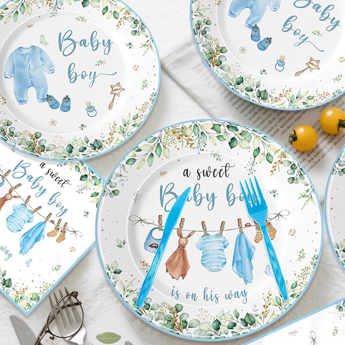 140pcs Boy Baby Shower Decorations Plates Shower Party Tableware with Plates, Napkin, Forks, Cups for Birthday Party Supplies Set Serves 20 Guests (Blue)