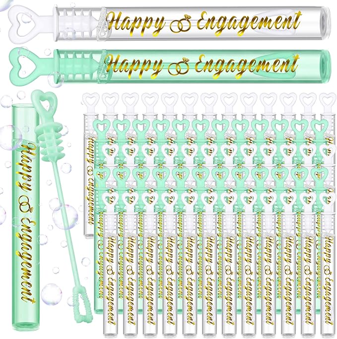 50 Packs Happy Engagement Bubbles Wedding Proposal Table Decorations White and Green Heart Bubbles Bridal Shower Favors Guests Gifts for Engagement Party Supplies (Gold)