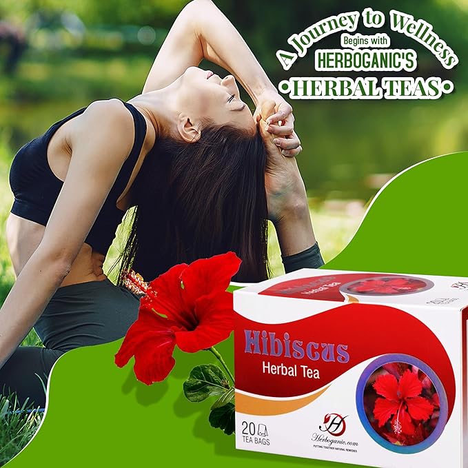 HERBOGANIC Hibiscus Herbal Tea - Digestion and Immune Support | Refreshing and Delicious Blend | Natural Ingredients | 20 Tea Bags